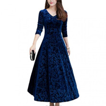 (3XL,Blue)Women\'s Casual Velvet Dress V Neck French Style Elegant Slim Fit Dresses for Party Wedding Wear
