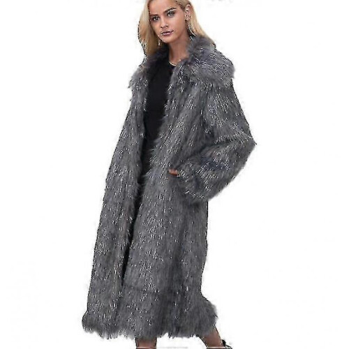 (XL,grey)Women's Long Lapel Faux Fur Coat 2