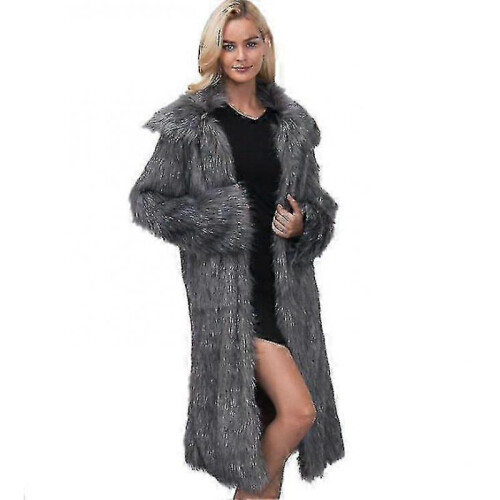 (XL,grey)Women's Long Lapel Faux Fur Coat 1