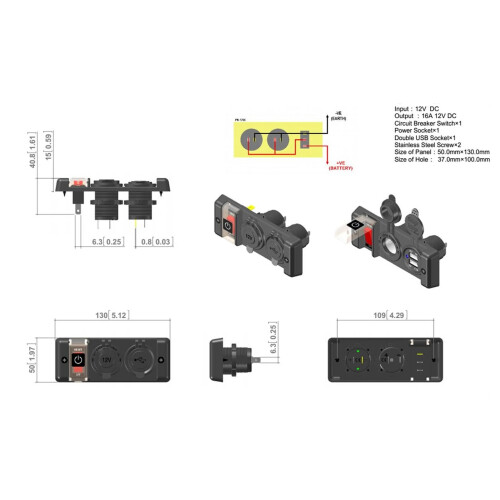 3-in-1 Power-Combo-Schalterpanel Rot, 16A, 12V, USB 1
