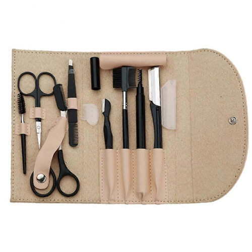 (Khaki) 8 Pcs Eyebrow Shavers Set with Bag Reusable Sturdy Eye Makeup Tool for Daily Makeup