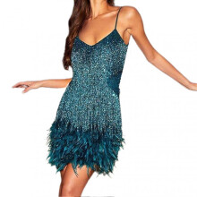 (M,Blue)Women\'s Feathers Fringe Sequin Dress Deep V Neck Sequins Tassel Dance Party Dress for Dating Photo