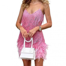 (L,Pink)Women\'s Feathers Fringe Sequin Dress Deep V Neck Sequins Tassel Dance Party Dress for Dating Photo