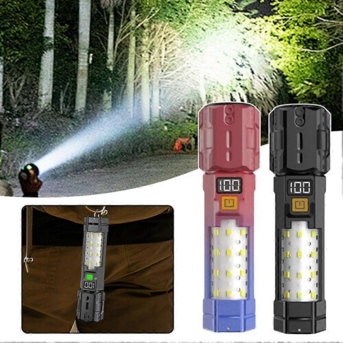 (Red) Zoomable Waterproof Torchlight Portable LED Flashlight with Side Cobs Light 6 Lighting Modes Rechargeable Pocket Torches 1