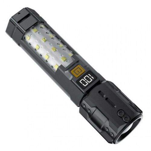 (Black)Zoomable Waterproof Torchlight Portable LED Flashlight with Side Cobs Light 6 Lighting Modes Rechargeable Pocket Torches