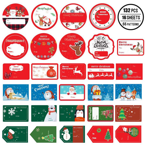 132 PCS Weihnachts Tags Aufkleber Selbstklebend Santa Schneemann Baum
