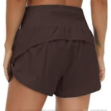 (Medium, Brown) Womens High Waisted Running Shorts Quick Dry Athletic Workout Shorts with Mesh Liner Zipper Pockets