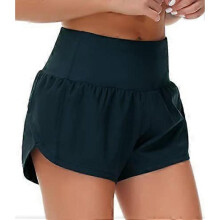 (Large, Dark Blue Green) Womens High Waisted Running Shorts Quick Dry Athletic Workout Shorts with Mesh Liner Zipper Pockets