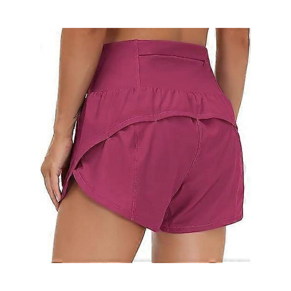 (Large,Fuchsia)Womens High Waisted Running Shorts Quick Dry Athletic Workout Shorts with Mesh Liner Zipper Pockets