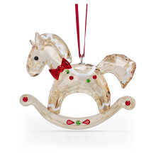 Adorno colgante de caballo mecedor SWAROVSKI Rocking Holiday Cheers con cristales en tonos dorados, blancos, rojos y verdes. Parte de la colecci