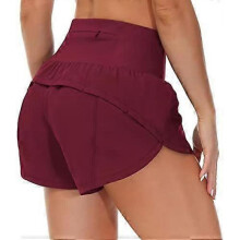 (Medium, Wine Red) Womens High Waisted Running Shorts Quick Dry Athletic Workout Shorts with Mesh Liner Zipper Pockets
