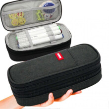 (Black) 4 Layers Canvas Pencil Pouch Stationery Pencil Case Multi-purpose Large School Pencil Storage Bags for Junior High School