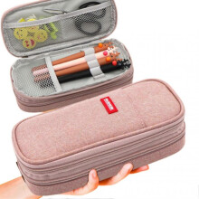 (Pink Gray) 4 Layers Canvas Pencil Pouch Stationery Pencil Case Multi-purpose Large School Pencil Storage Bags for Junior High School
