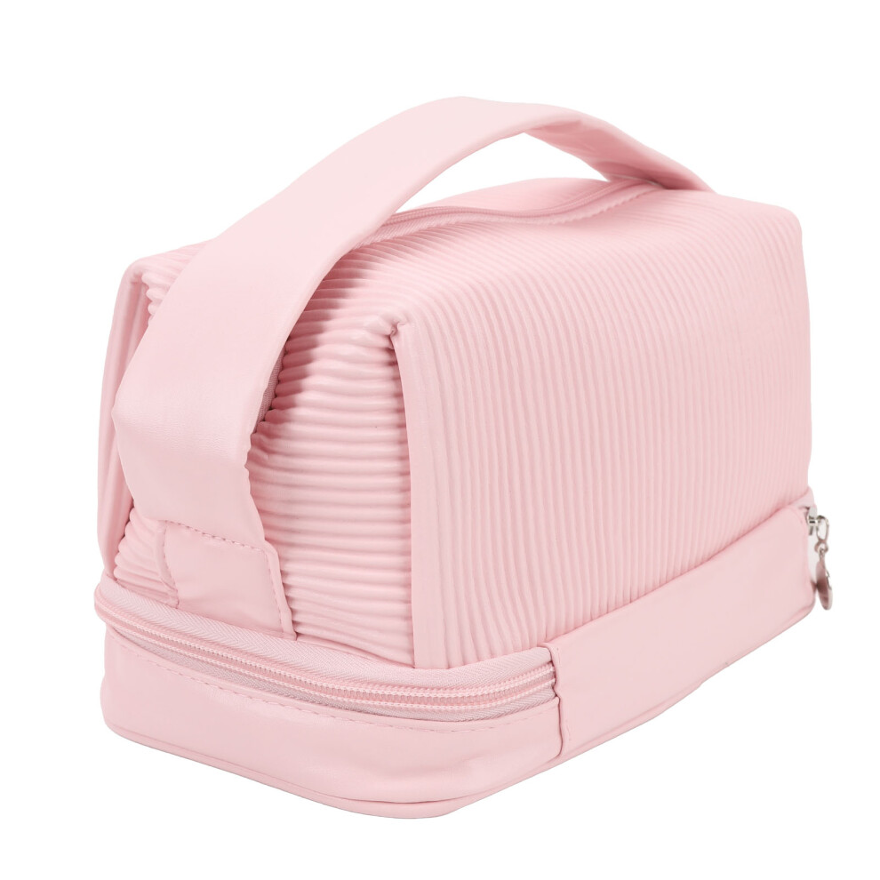 Pink Wide Open Makeup Bag Double Layer Large Capacity Waterproof Portable Pu Leather Flat Open Organizer For Toiletries