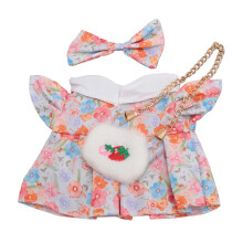 Outfit für Plüschpuppe, 20 cm, Kleid aus Baumwolle & Stoff mit Fliege & Erdbeer-Tasche