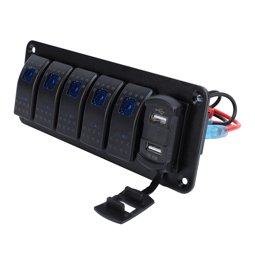5 Gang Rocker Switch Panel With 4.8A Dual Usb Charger Voltage Meter Universal Fit For Dc12 To 24V Car Truck Rv 8341313610862