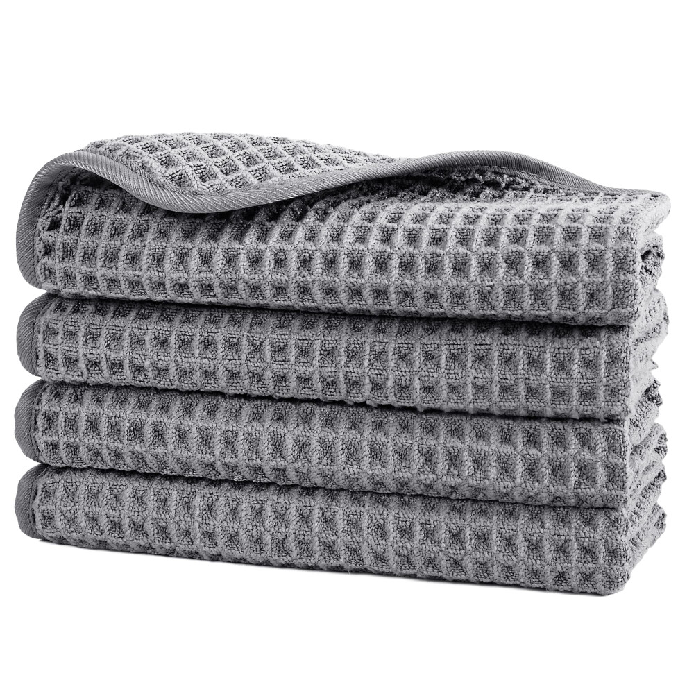 Polyte Gray Microfiber Lint Free Washcloth Face Towel 13 X 13 In 4 Pack ( Waffle Weave)