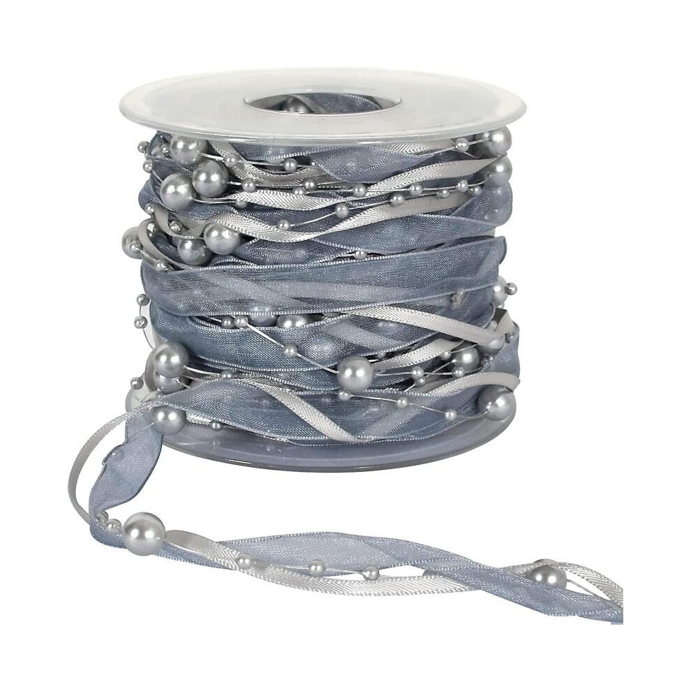 11 Yards Gray Silver Beads Chain Ribbon Artificial Pearls String Beads Sheer Chiffon Satin 3 Strings Style for Garland Wedding Party Crafts Decoration
