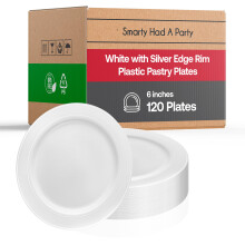Elegante wegwerp plastic dessertborden 120 stuks - 6"""" Heavy Duty Fancy Wit Zilveromrande aperitiefborden - Feestsalade Taartborden voor bruiloften,