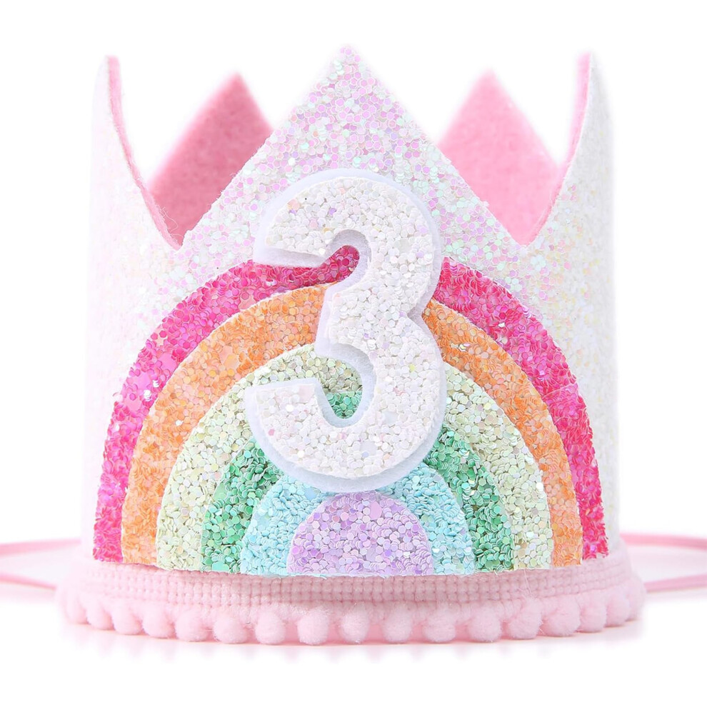 Sundecor Baby-Prinzessin-Geburtstags-Regenbogenkrone Rosa Glitzerndes Stirnband, Geburtstagshut Fur Madchen Zum 3. Geburtstag, Partyzubeh R, De-image