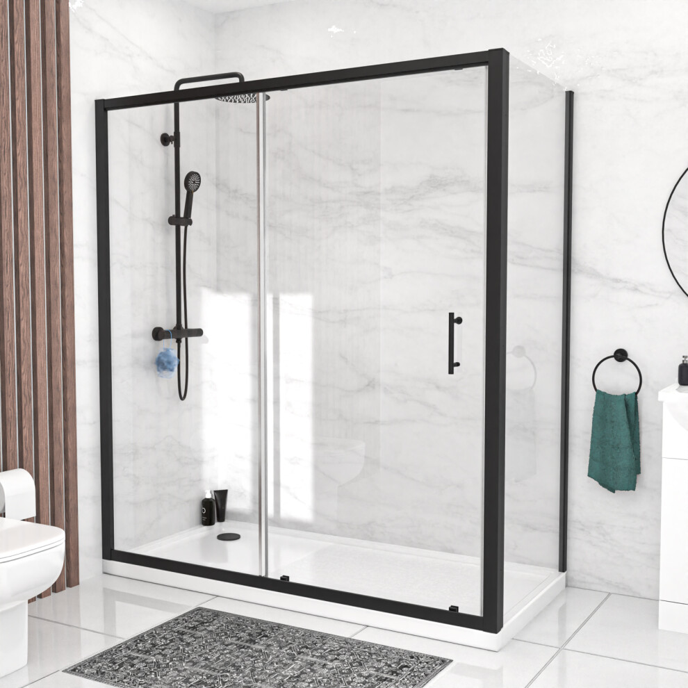 Nes Home Black 1700 x 700mm Shower Enclosure Sliding Door & Glass Side Panel
