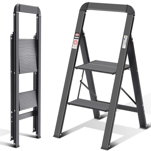 KINgRAcK Step Ladder  2 Steps  Folding Step Ladder with Handrail  Non-