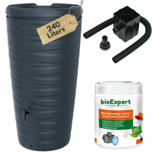 (Dark Grey (240L)) Water Butt Kit With Tap, Diverter And Bio Cleaner - Plastic Rain Water Collector for Garden, Balcony or Terrace