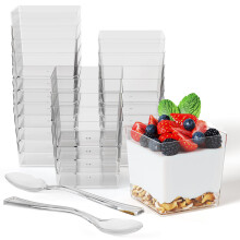 Exquisite Mini-Dessertbecher mit Lffeln, 400 Stck  90 ml, quadratische Dessertbecher mit Probierlffeln, 200 Sets | Mini-Parfait-Becher | Vorspeis