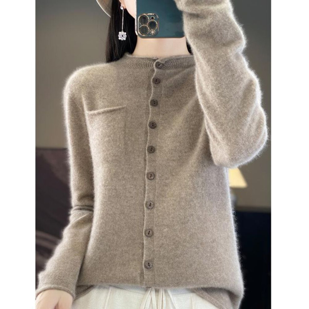 (M, brown) Women&apos;s Round Neck Cashmere Cardigan, Qinghe Cashmere, 30% Cashmere 70% Wool, Winter Knitted Pullover Autumn Sweater Cashmere Sweater
