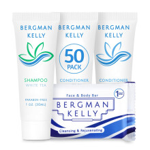 BERGMAN KELLY Rechthoekige hotelzeep, shampoo en conditioner, 3-delige set (1 oz elk, 150 stuks witte thee) Verras gasten met revitaliserende en verf