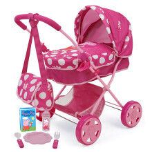 Peppa Pig: Baby Classic Doll Pram Set - Pink & White Dots - 7 Piece Set s'adapte aux poupees jusqu'a 18 """" Bagure de couches de rangement a canop