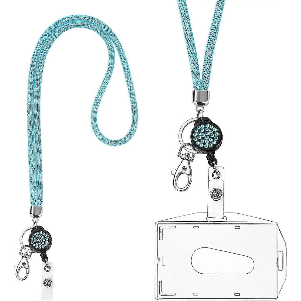 (As show, One size) Crystal Necklace Lanyard, (Blue) Bling Keychain Transparent Badge Holder with Retractable Crystal Lanyard and ID Card Holder, for