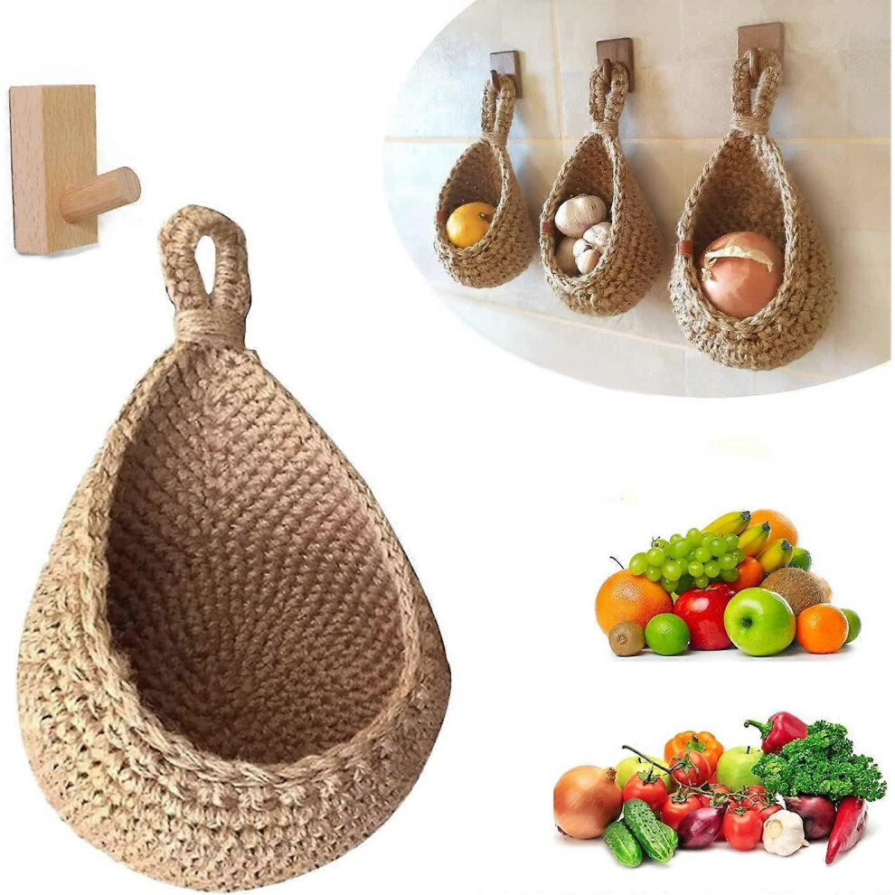 (As show, One size) Wall Hanging Fruit And Vegetable Baskets (21*21*28cm), Jute Waterdrop Shape Hand Woven Fruit Or Vegetable Basket, Kitchen Hanging Storage Basket