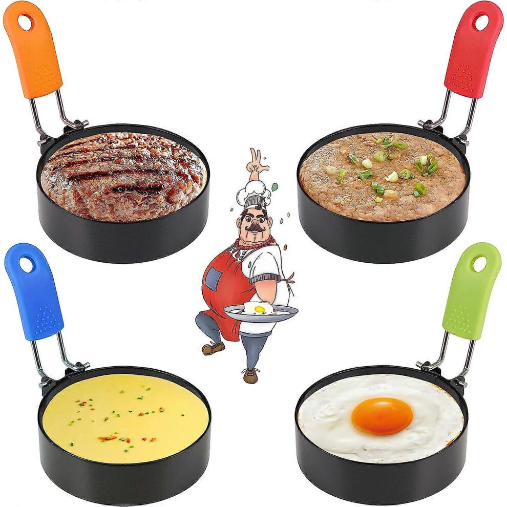 (As show, One size) Set of 4 Stainless Steel Egg Rings, Non-Stick Fried Egg Mold, Egg Mold with Heat Protected Folding Handles, for Cooking Fried Egg