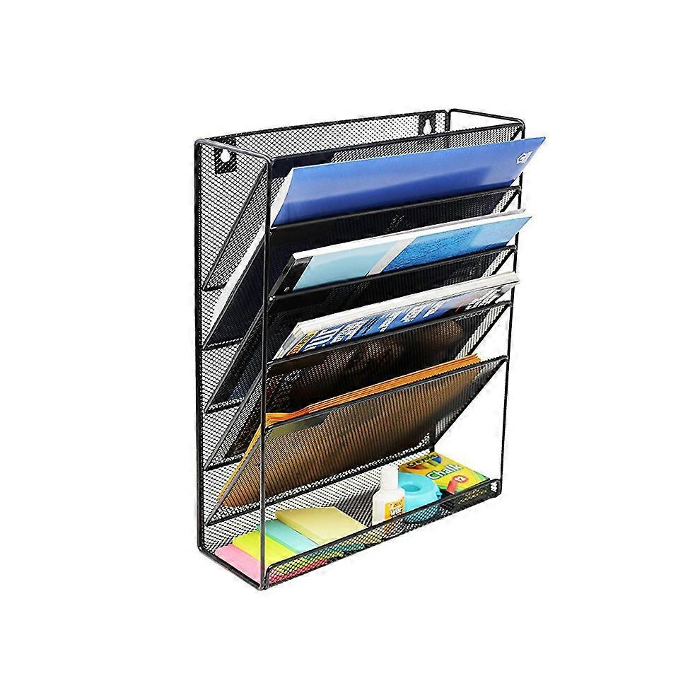 (As show, One size) 5 Pockets Mesh Wall File Holder Hanging Desk File Folder Magazine Rack Mail Sorter Bin name tag included