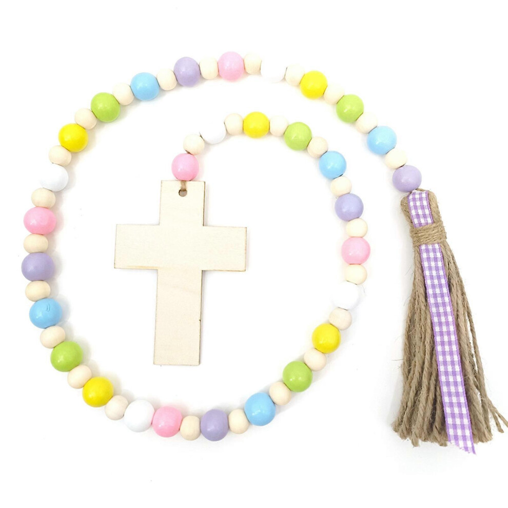 (Colorful 99Cm, One Size) Wood Bead Garland With Tassel Blessed Cross Rustic Wooden Prayer Bead String Wall Hanging Decoration For Home Festival Colo 7683012676215