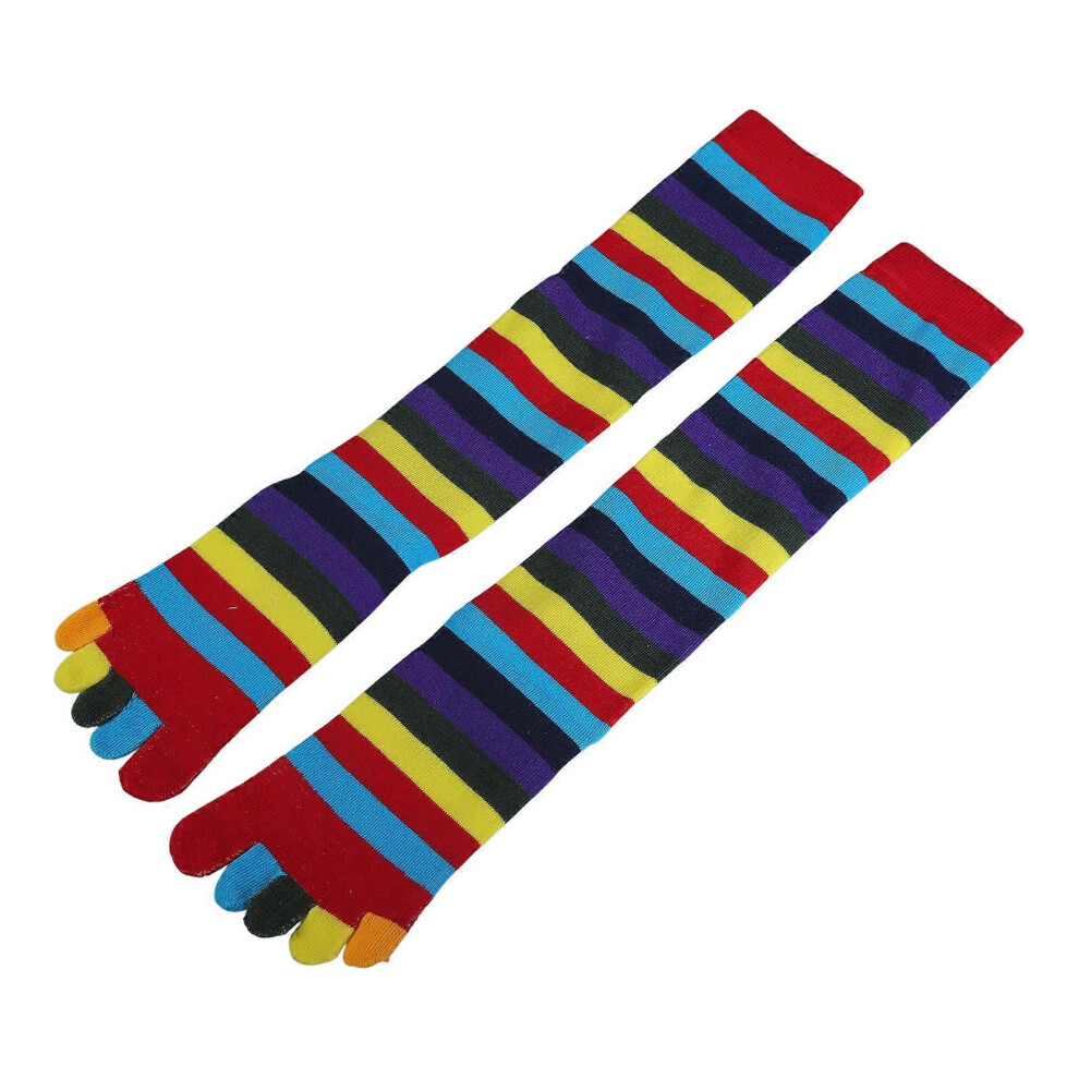 (Rainbow 2, One Size) Women Split Toe 5 Finger Calf Socks Rainbow Colorful Stripe Clover Print Hosiery Rainbow 1 7683012677830