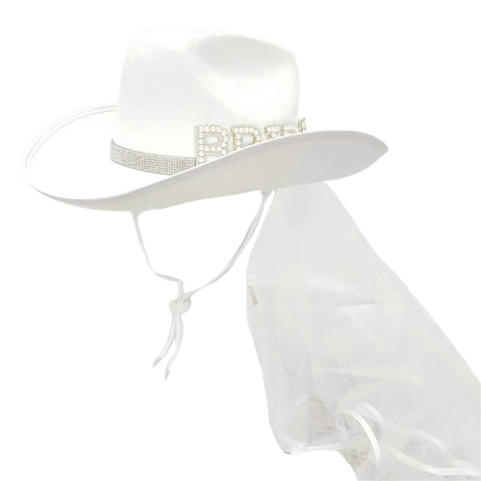 (As Show, One Size) Bride Cowboy Hat With Veil Wide Brim Cowgirl Hat Wedding Party Props Bachelorette Party Letter Hats For Bridal Female White 7683012689321
