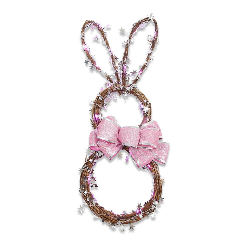 (Medium, Warm Light) Easter Decorations Led Bunny Wreath Handmade Rattan Garland Light Up Pendant Large 7683012676406