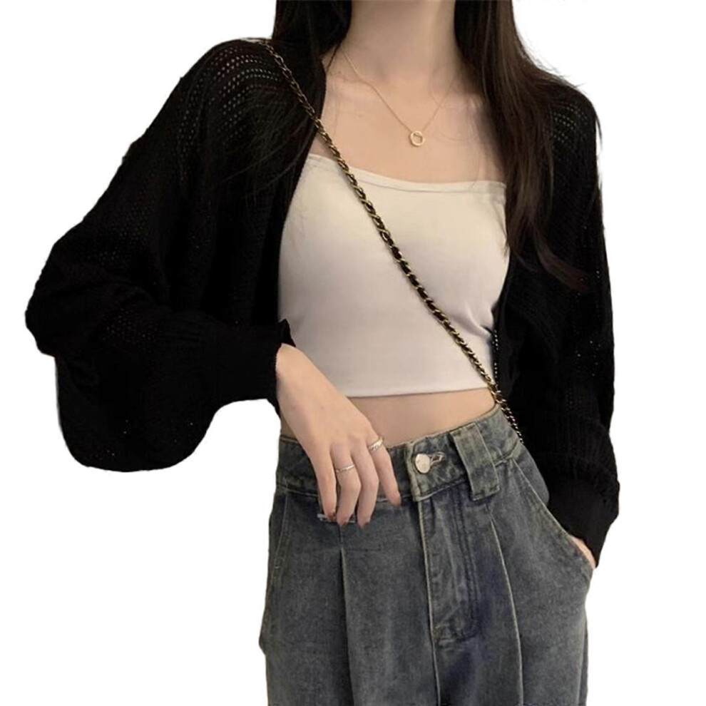 (Black, One Size) Women's Cardigans Open Front Shrugs Long Sleeve Cropped Cardigan Sweaters Shrug Boleros Jacket Black 7683012689338