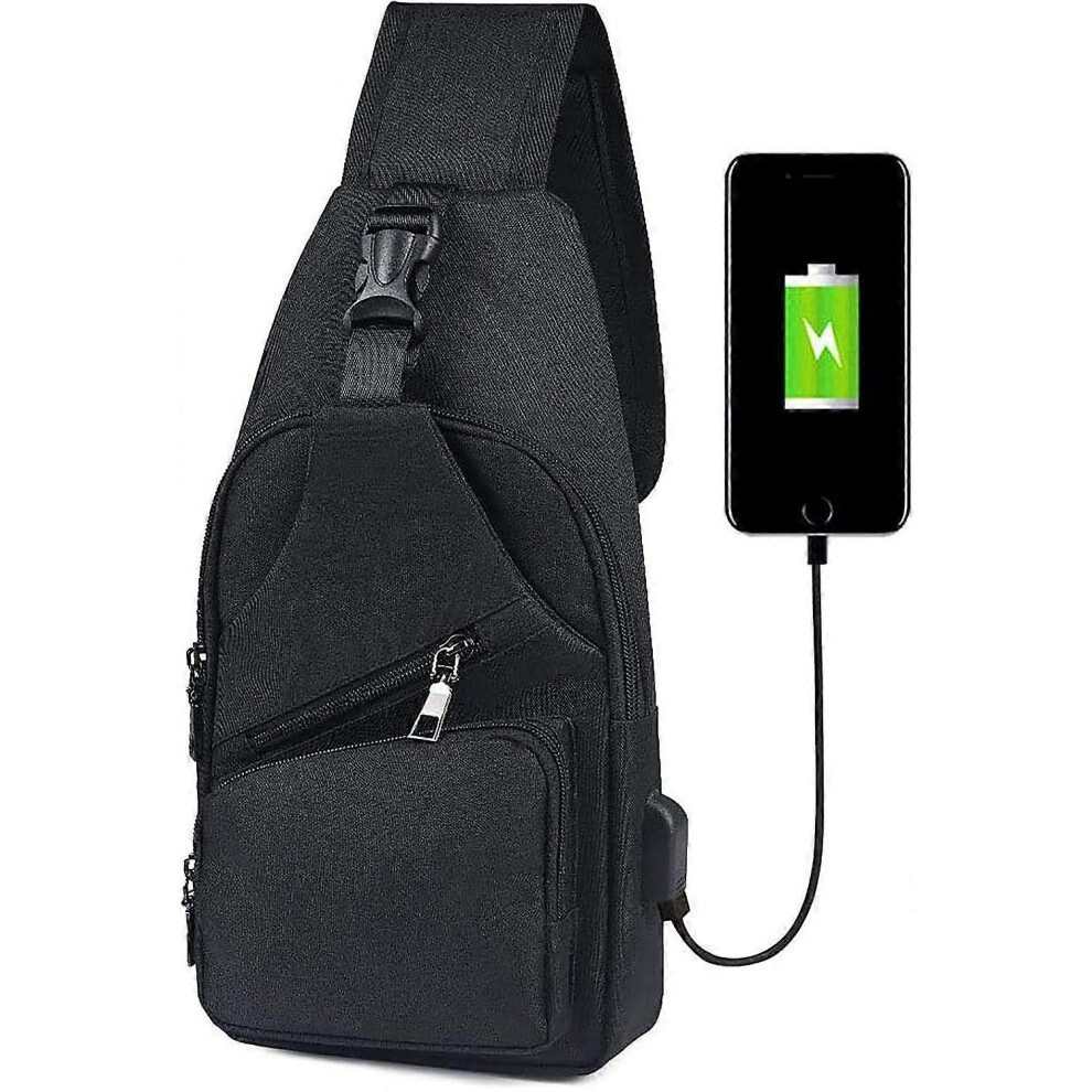 (As show, One size) Sac  bandoulire pour hommes, sac de poitrine noir avec port de charge USB et port pour couteur, sac  dos de voyage unisexe