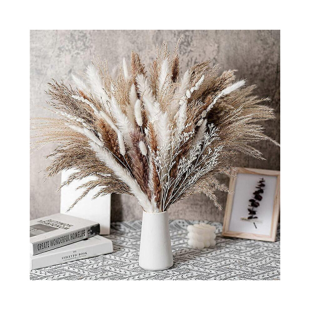 (As show, One size) 90 Pack Dried Flower Decoration 5 Types Natural Dried Flower Bouquet White Pampa Bouquet Pampa Flower Decoration Boho Decoration for Home, Wedding, Ho