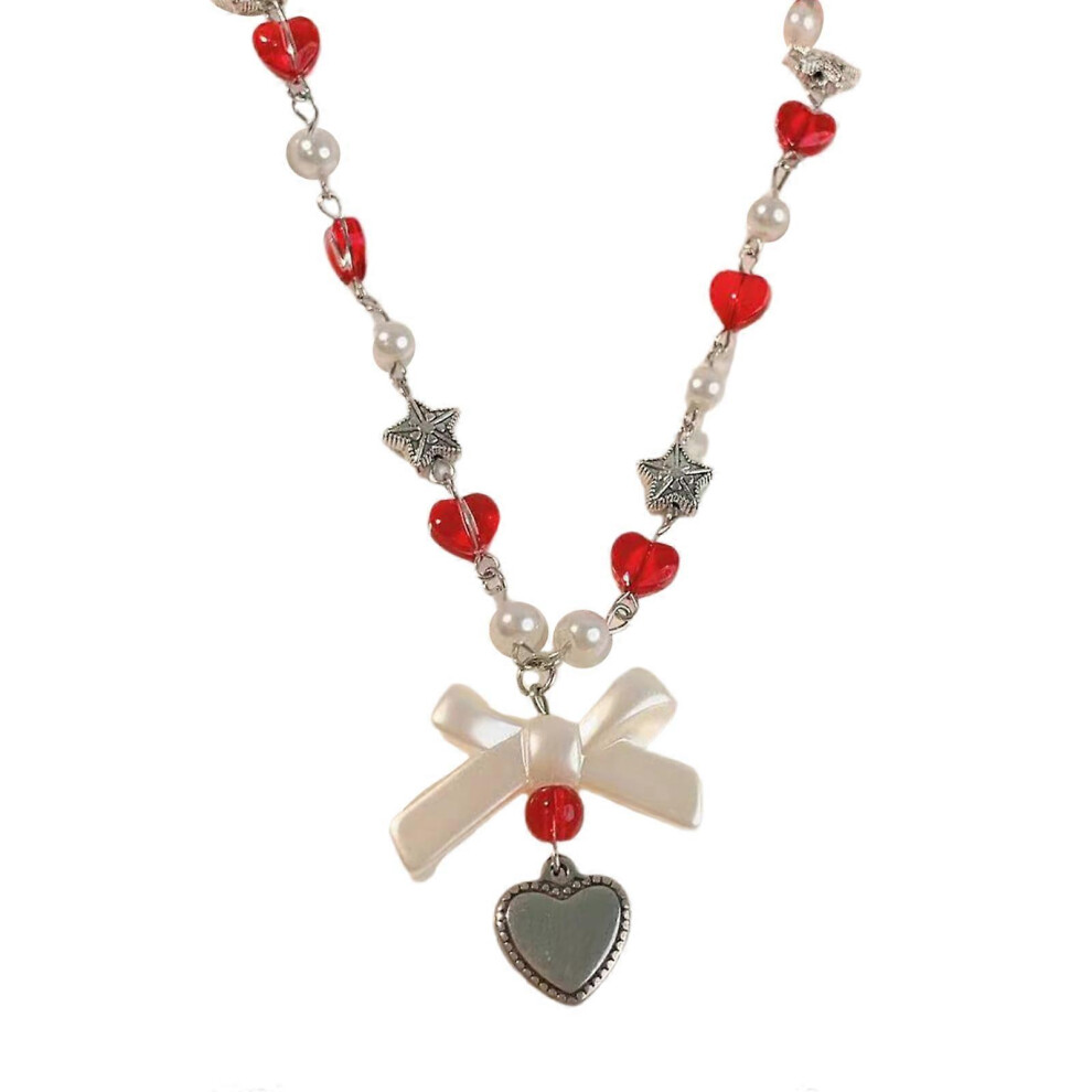 (B., One Size) Fashion Forward Glass Bowknot Heart Necklace Stylish Beaded Clavicle Chain Jewelry Dainty Neck Chain Adornment 7683012674860