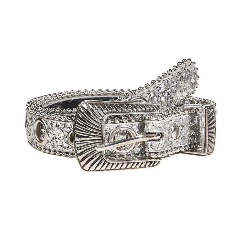 (M, Silver) Subculture Belt For Women Glittering Sequined Jeans Belt Carved Buckle Beaded Trim Waistband For Pants Girl Waist Decors Silver M 7683012674891
