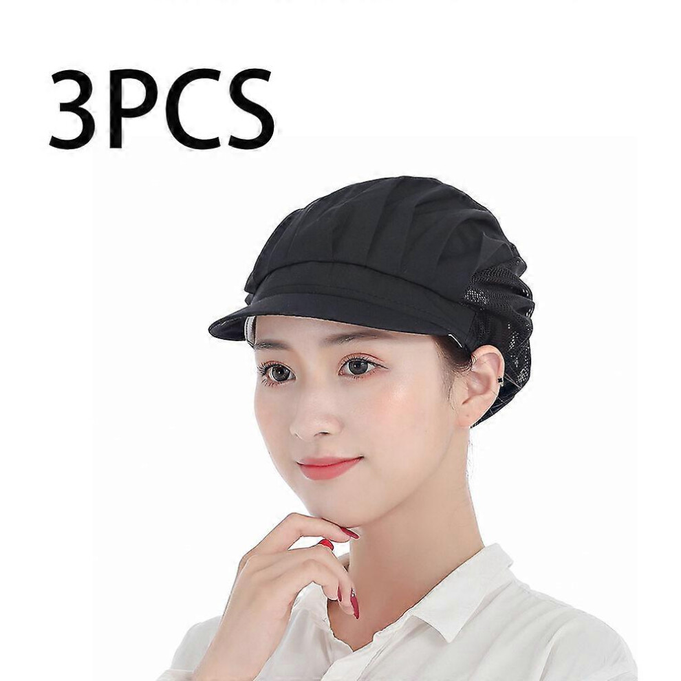(As show, One size) 3 Pcs (black, one size) Chef's Beret Unisex Kitchen Hat with Mesh Work for Workshop Factory Kitchen Catering Bakery