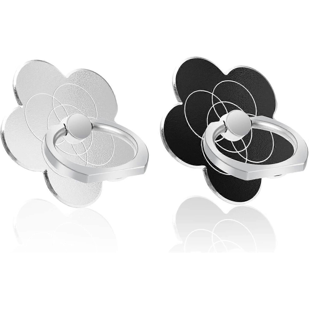 (As show, One size) 2 Pack Flower Shape Cell Phone Holder Rings (Black + Silver), 360 Rotation, 180 Flip, Universal Metal Holder, Compatible with Smar