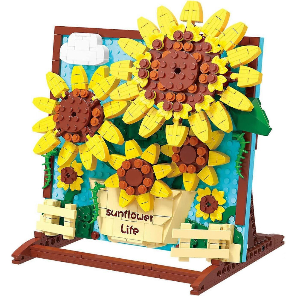 (As show, One size) (Decoration Drawing Board Sunflower)Building Blocks 580 Pieces Artificial Flower Bouquet Kit Botanical Collection for Home Office Room Decor Gift
