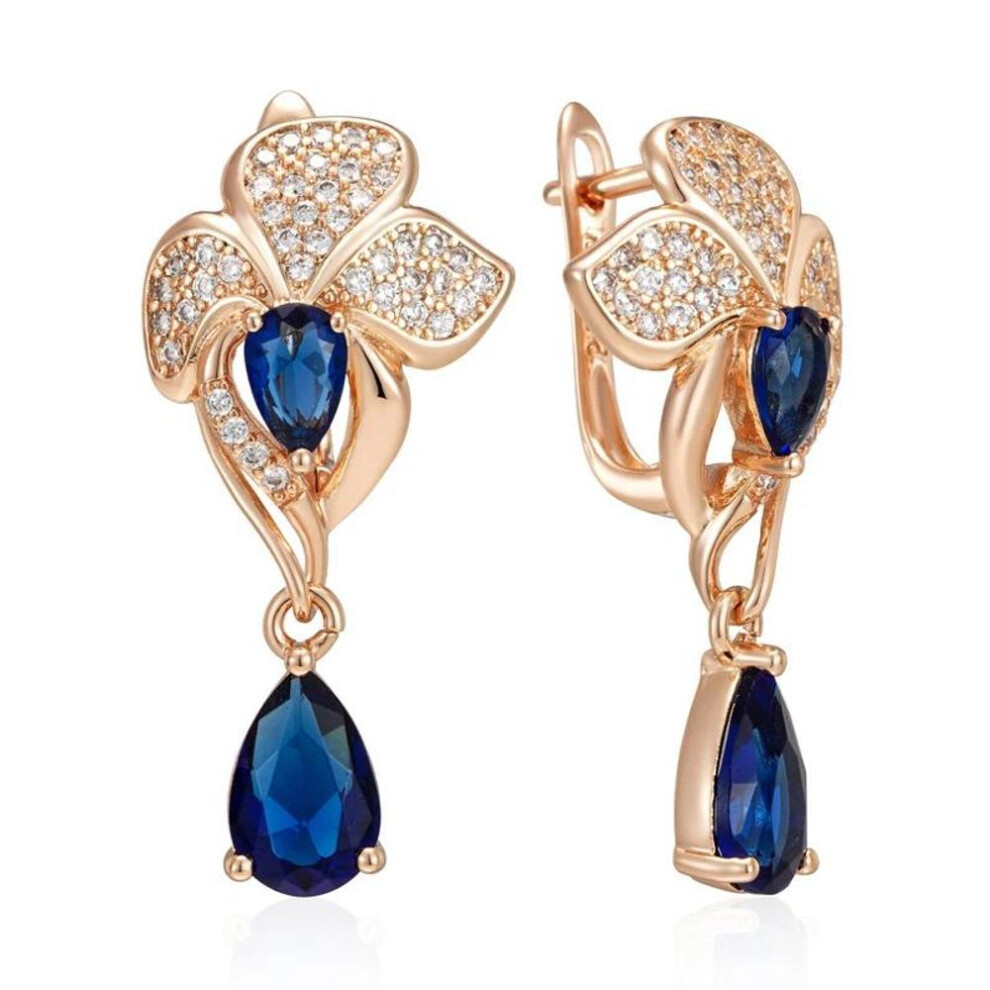 Blue Zircon Flower Dangle Earrings For Women Fashion Golden Earrings Accessories Luxury Costume Jewelry