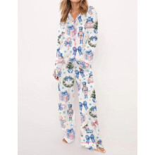(1, M) Combhasaki Women's 2 Piece Loungewear Pajamas Set Long Sleeve Christmas Elements Print Shirt Tops Elastic Waist Pants Sleepwear