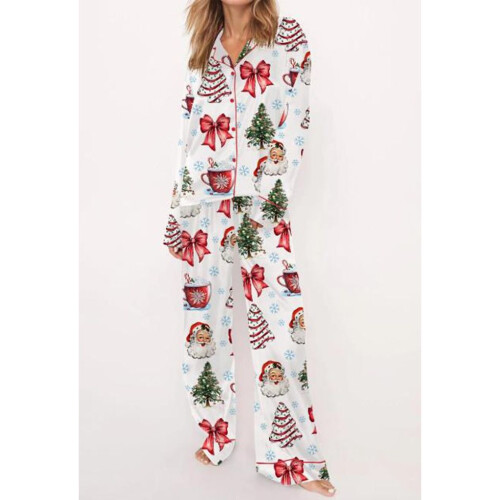 (2, L) Combhasaki Women's 2 Piece Loungewear Pajamas Set Long Sleeve Christmas Elements Print Shirt Tops  Elastic Waist Pants Sleepwear